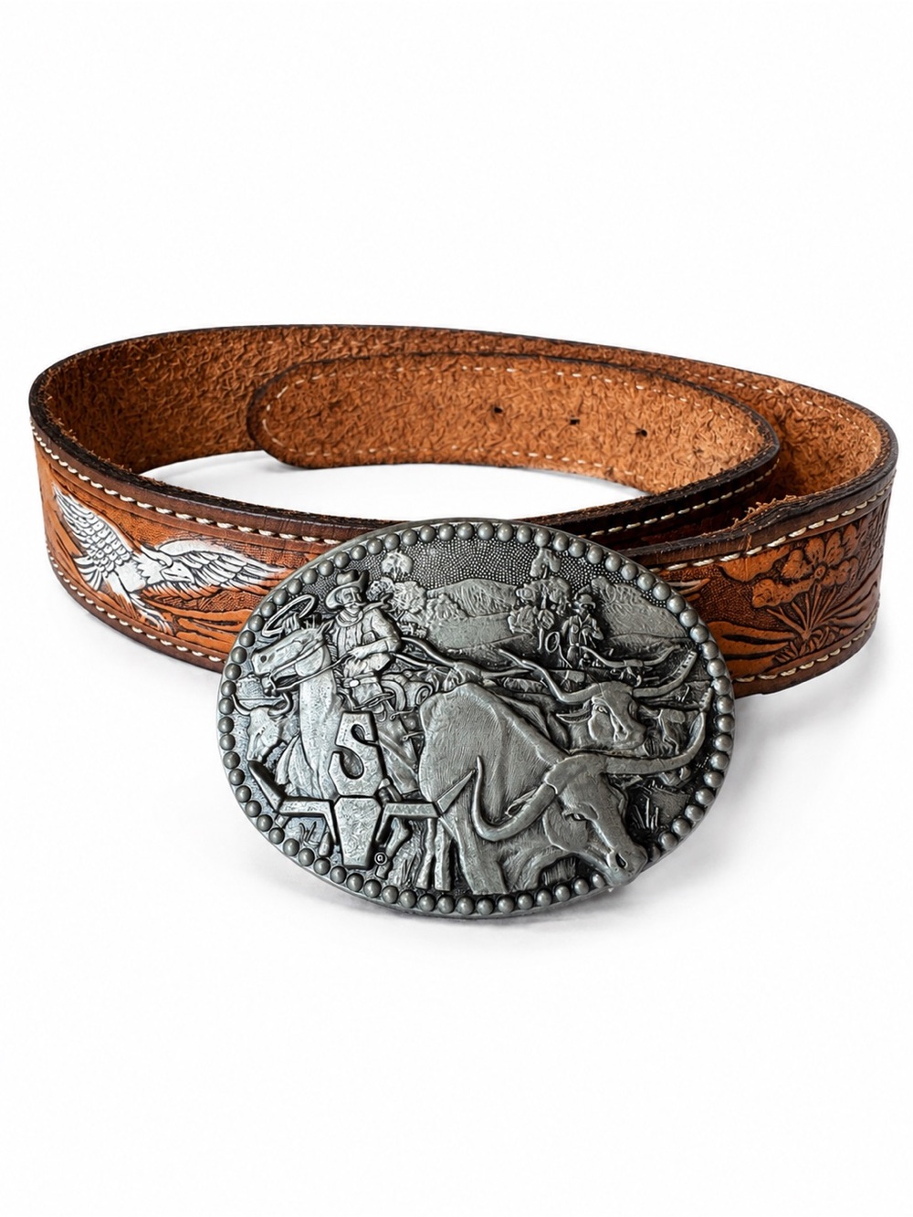 vintage zee series western leather belt with award design medals rodeo buckle ea